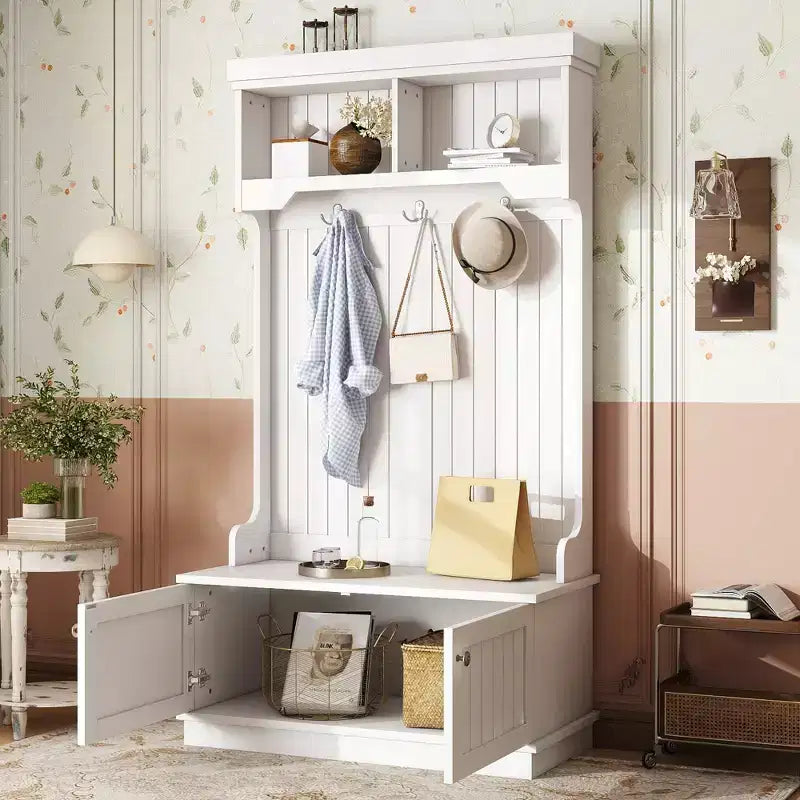 GDFStudio Laurin Modern Wooden Hall Tree with 6 Hooks, 2 Doors and 2 Open Shelves