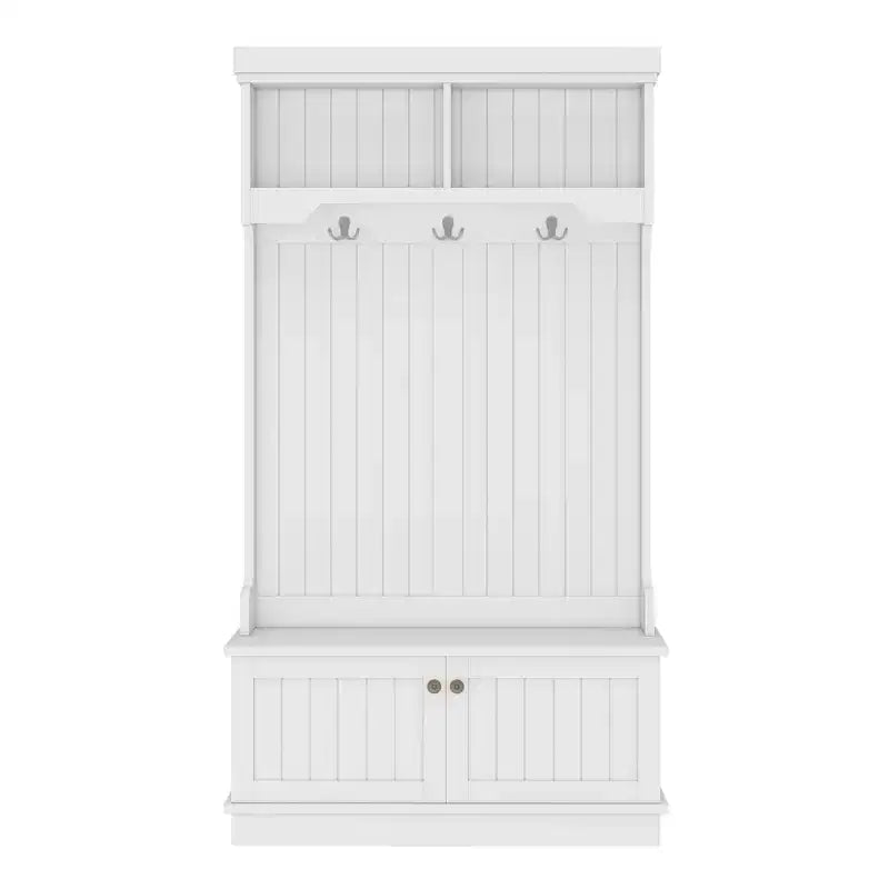 GDFStudio Laurin Modern Wooden Hall Tree with 6 Hooks, 2 Doors and 2 Open Shelves