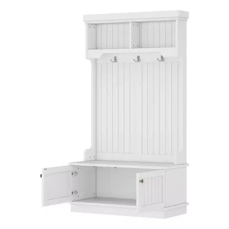 GDFStudio Laurin Modern Wooden Hall Tree with 6 Hooks, 2 Doors and 2 Open Shelves