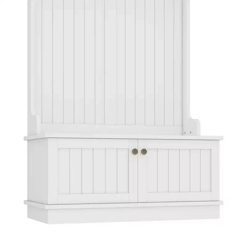 GDFStudio Laurin Modern Wooden Hall Tree with 6 Hooks, 2 Doors and 2 Open Shelves