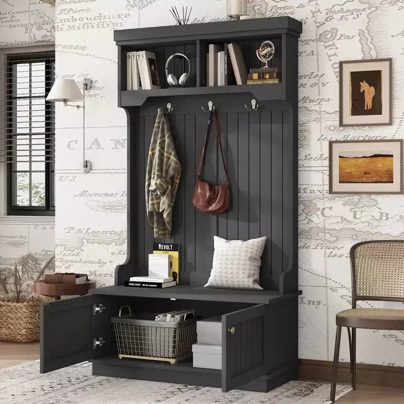 GDFStudio Laurin Modern Wooden Hall Tree with 6 Hooks, 2 Doors and 2 Open Shelves
