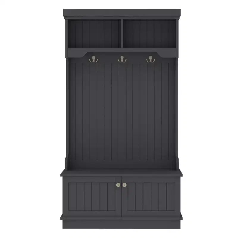 GDFStudio Laurin Modern Wooden Hall Tree with 6 Hooks, 2 Doors and 2 Open Shelves