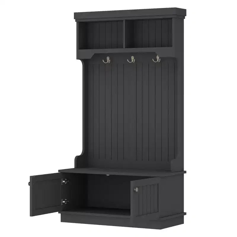GDFStudio Laurin Modern Wooden Hall Tree with 6 Hooks, 2 Doors and 2 Open Shelves