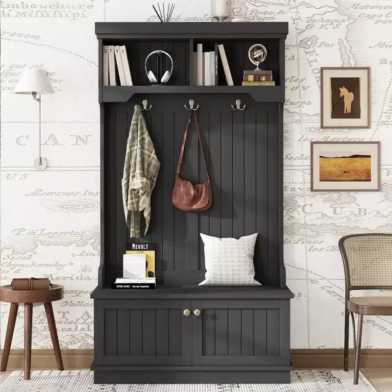 GDFStudio Laurin Modern Wooden Hall Tree with 6 Hooks, 2 Doors and 2 Open Shelves