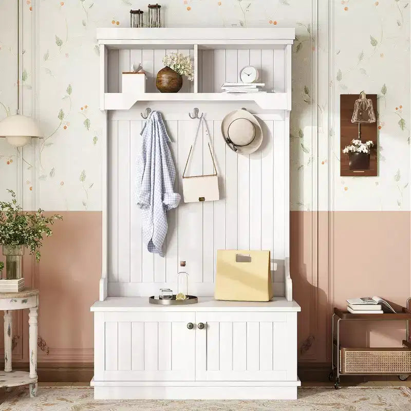 GDFStudio Laurin Modern Wooden Hall Tree with 6 Hooks, 2 Doors and 2 Open Shelves
