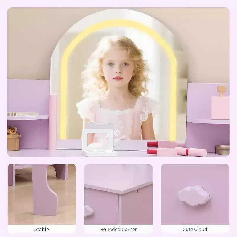 Kids Vanity with Lighted Mirror & Stool, Girls Makeup Vanity Desk with Bookshelf, Drawer, Open Shelves & Accessories, for Little Girls