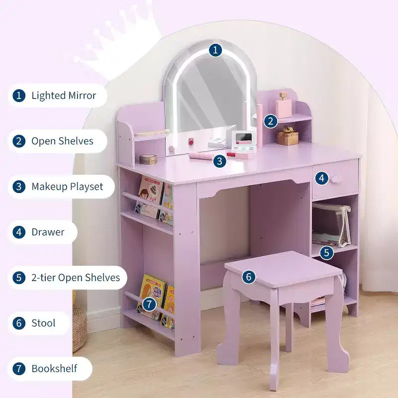 Kids Vanity with Lighted Mirror & Stool, Girls Makeup Vanity Desk with Bookshelf, Drawer, Open Shelves & Accessories, for Little Girls