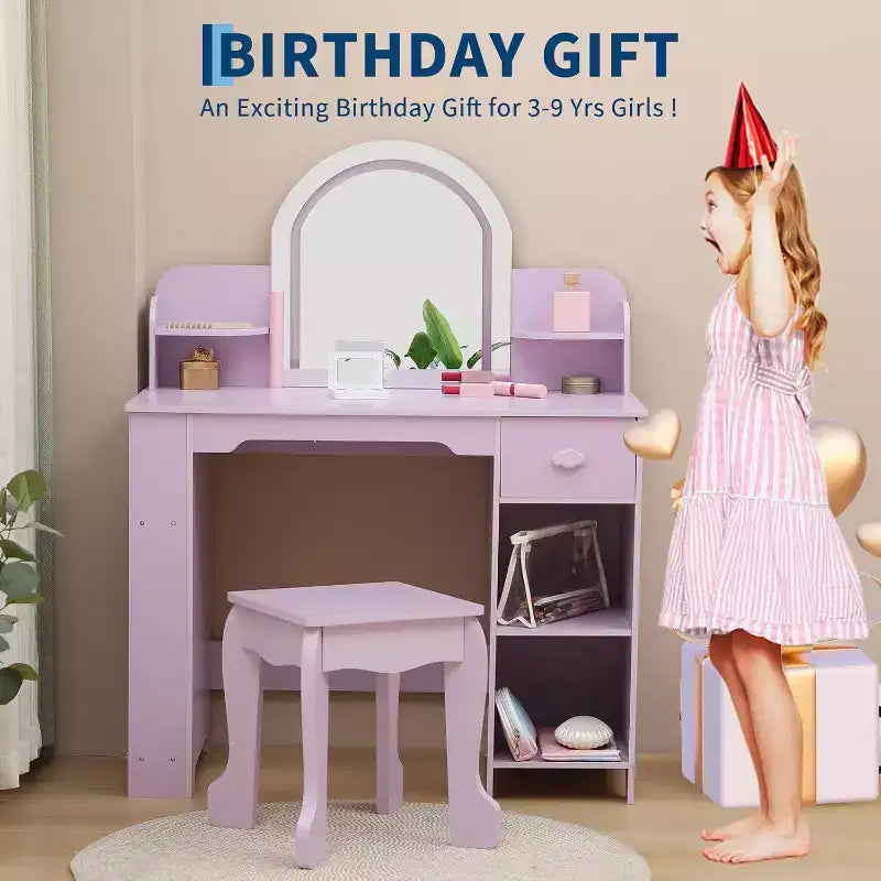 Kids Vanity with Lighted Mirror & Stool, Girls Makeup Vanity Desk with Bookshelf, Drawer, Open Shelves & Accessories, for Little Girls