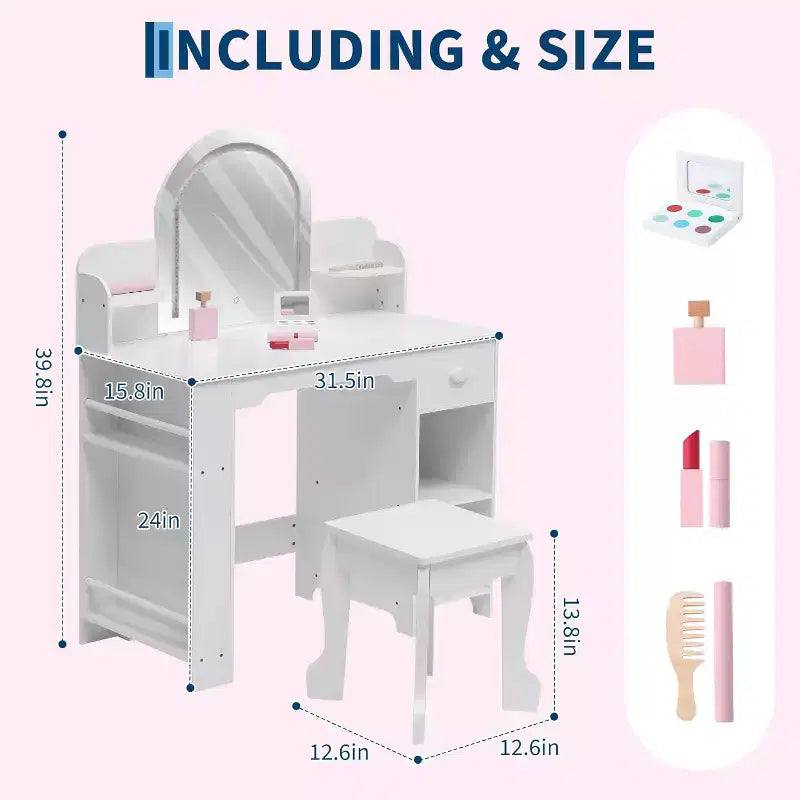 Kids Vanity with Lighted Mirror & Stool, Girls Makeup Vanity Desk with Bookshelf, Drawer, Open Shelves & Accessories, for Little Girls