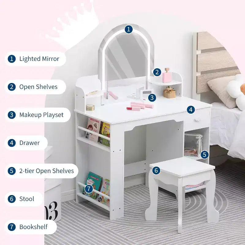 Kids Vanity with Lighted Mirror & Stool, Girls Makeup Vanity Desk with Bookshelf, Drawer, Open Shelves & Accessories, for Little Girls