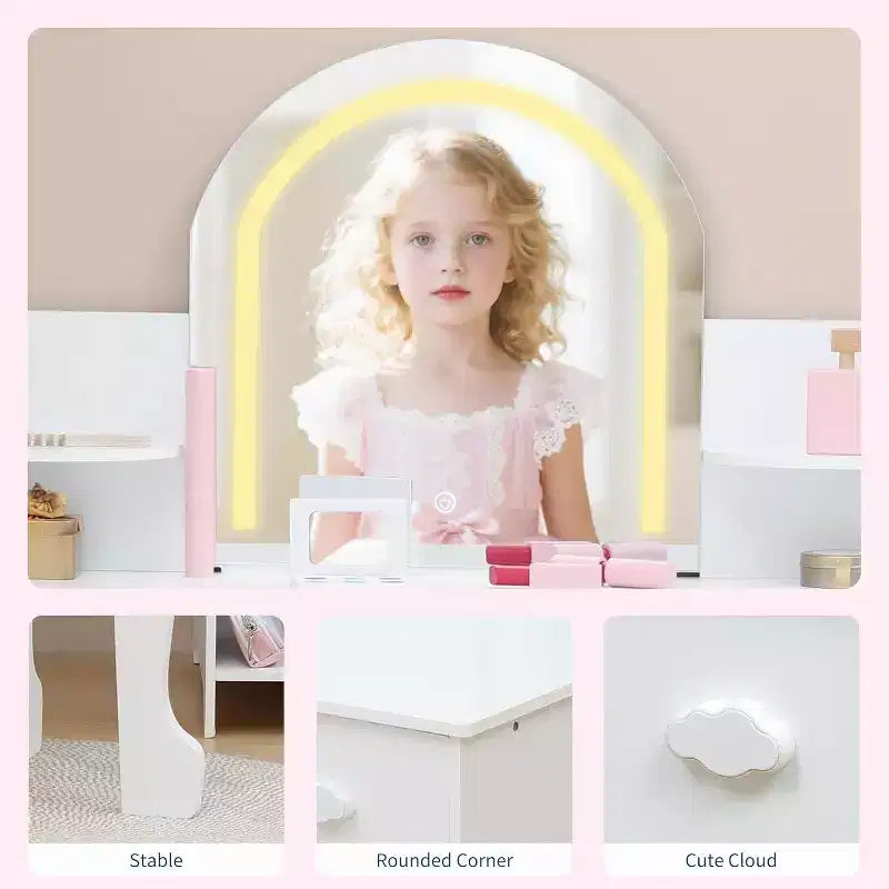 Kids Vanity with Lighted Mirror & Stool, Girls Makeup Vanity Desk with Bookshelf, Drawer, Open Shelves & Accessories, for Little Girls