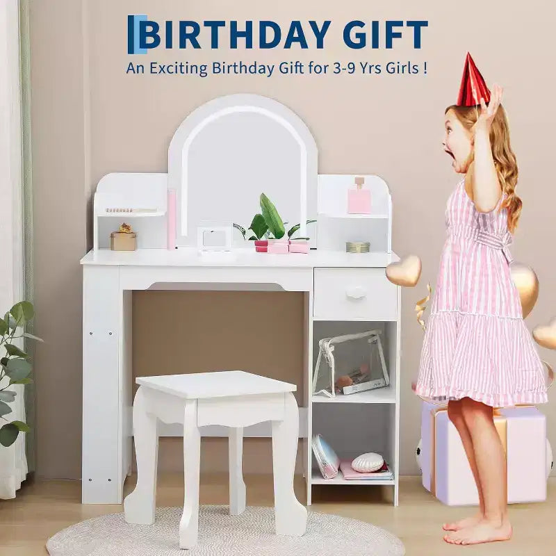 Kids Vanity with Lighted Mirror & Stool, Girls Makeup Vanity Desk with Bookshelf, Drawer, Open Shelves & Accessories, for Little Girls