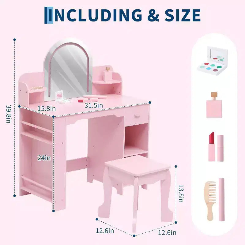 Kids Vanity with Lighted Mirror & Stool, Girls Makeup Vanity Desk with Bookshelf, Drawer, Open Shelves & Accessories, for Little Girls