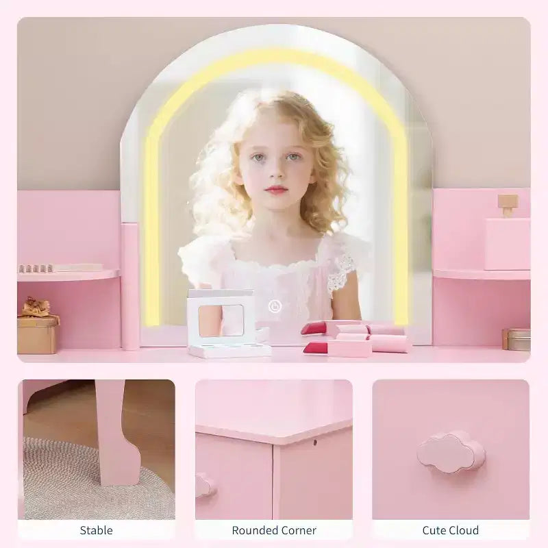 Kids Vanity with Lighted Mirror & Stool, Girls Makeup Vanity Desk with Bookshelf, Drawer, Open Shelves & Accessories, for Little Girls