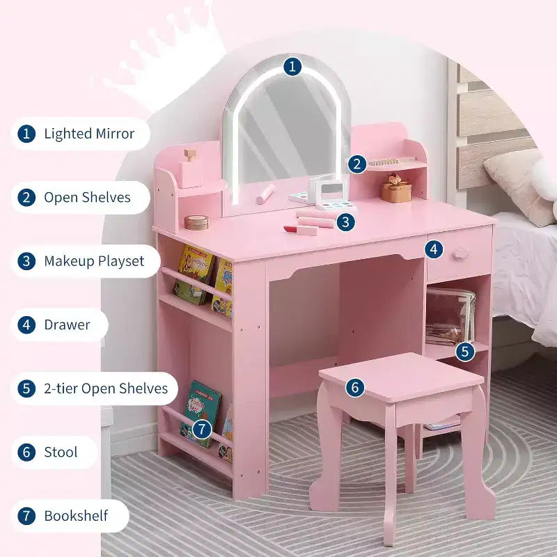 Kids Vanity with Lighted Mirror & Stool, Girls Makeup Vanity Desk with Bookshelf, Drawer, Open Shelves & Accessories, for Little Girls