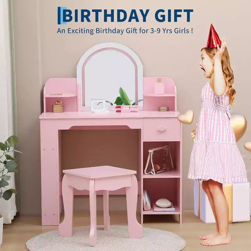 Kids Vanity with Lighted Mirror & Stool, Girls Makeup Vanity Desk with Bookshelf, Drawer, Open Shelves & Accessories, for Little Girls