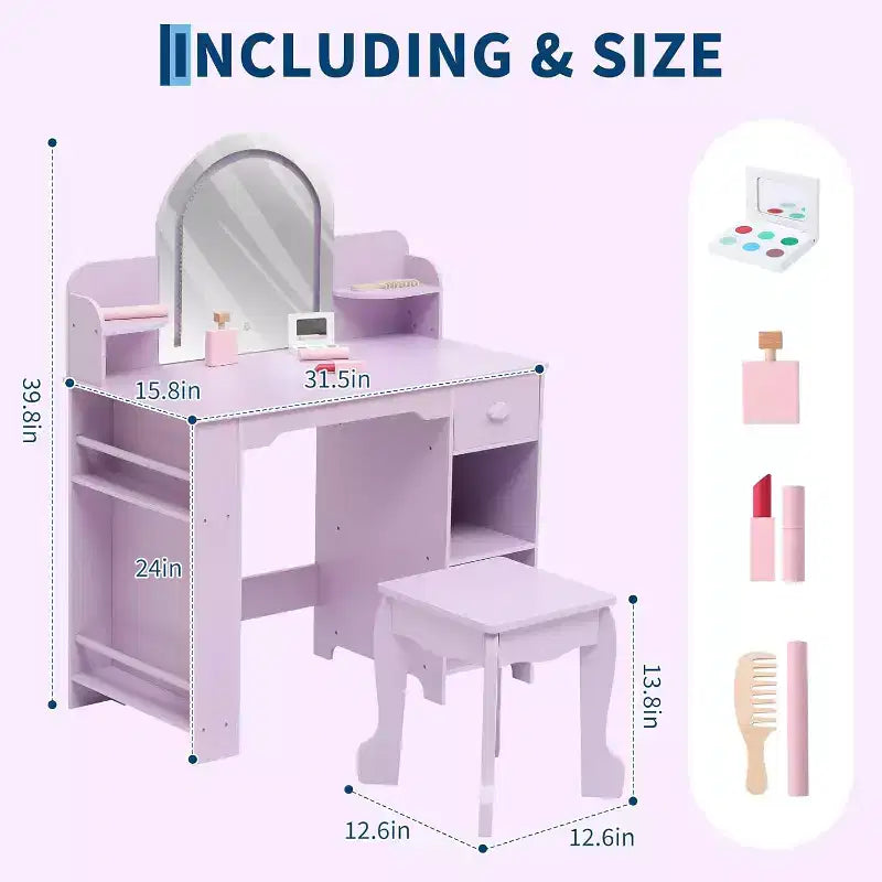 Kids Vanity with Lighted Mirror & Stool, Girls Makeup Vanity Desk with Bookshelf, Drawer, Open Shelves & Accessories, for Little Girls