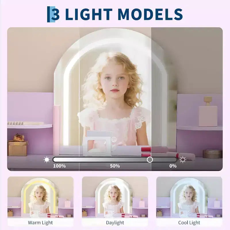 Kids Vanity with Lighted Mirror & Stool, Girls Makeup Vanity Desk with Bookshelf, Drawer, Open Shelves & Accessories, for Little Girls