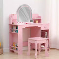 Kids Vanity with Lighted Mirror & Stool, Girls Makeup Vanity Desk with Bookshelf, Drawer, Open Shelves & Accessories, for Little Girls