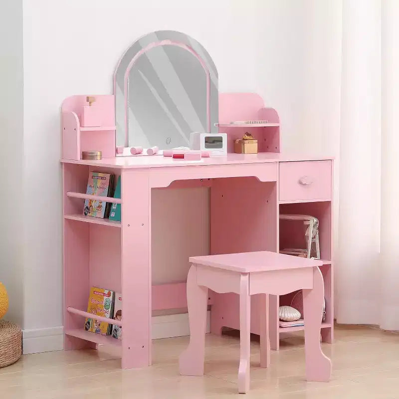 Kids Vanity with Lighted Mirror & Stool, Girls Makeup Vanity Desk with Bookshelf, Drawer, Open Shelves & Accessories, for Little Girls