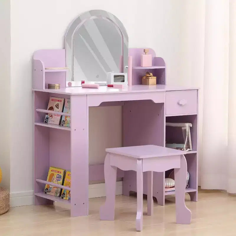 Kids Vanity with Lighted Mirror & Stool, Girls Makeup Vanity Desk with Bookshelf, Drawer, Open Shelves & Accessories, for Little Girls