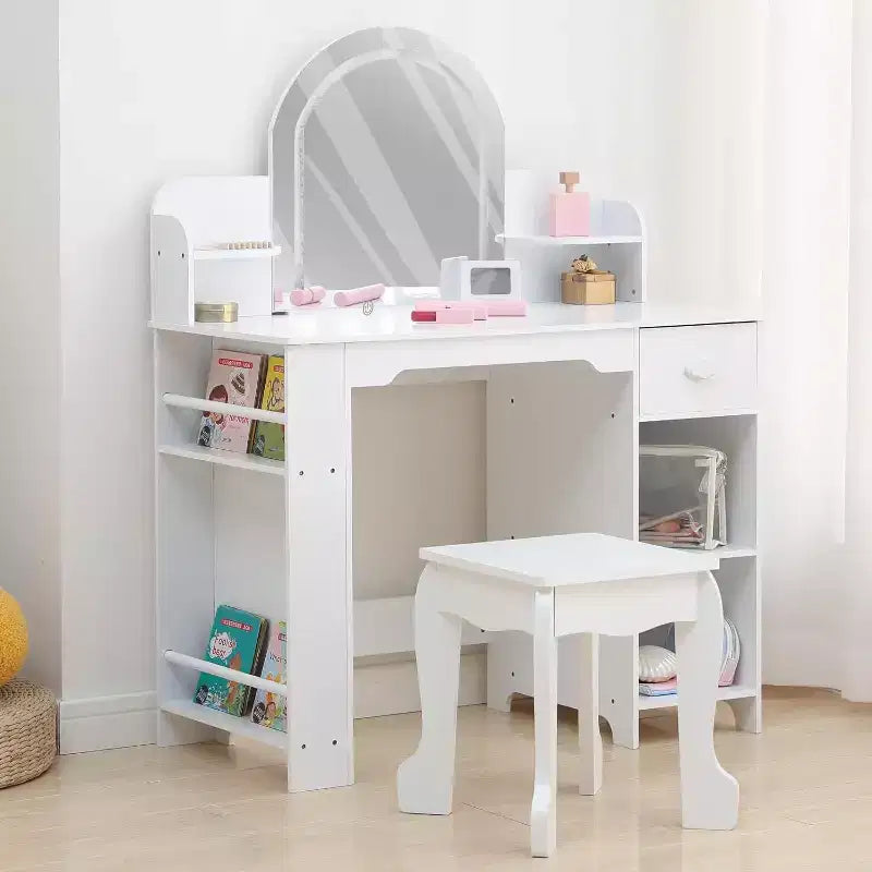Kids Vanity with Lighted Mirror & Stool, Girls Makeup Vanity Desk with Bookshelf, Drawer, Open Shelves & Accessories, for Little Girls