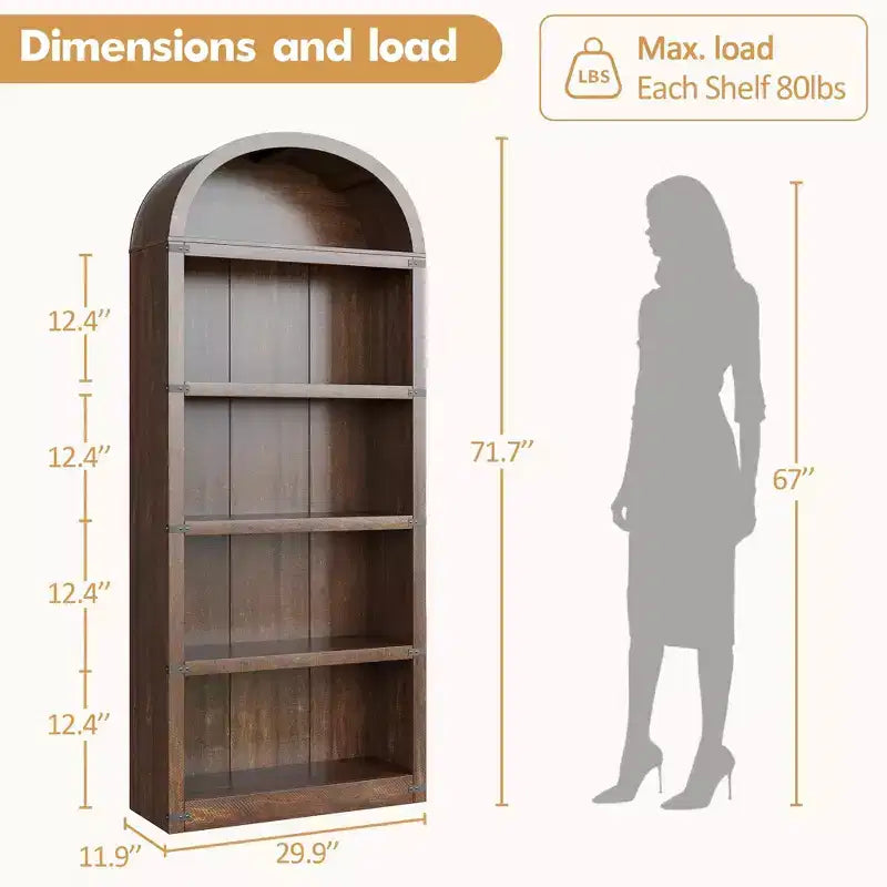 5-Tier White Arched Bookshelf, 72 Tall Arched Bookcase, Floor Standing Open Display Shelving Unit for Living Room, Bedroom, Home Office