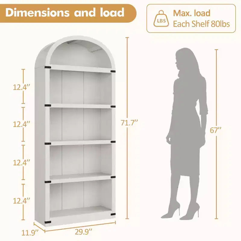 5-Tier White Arched Bookshelf, 72 Tall Arched Bookcase, Floor Standing Open Display Shelving Unit for Living Room, Bedroom, Home Office