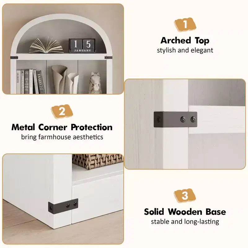 5-Tier White Arched Bookshelf, 72 Tall Arched Bookcase, Floor Standing Open Display Shelving Unit for Living Room, Bedroom, Home Office