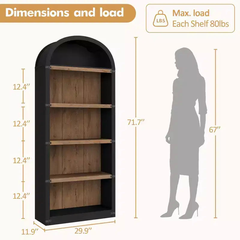 5-Tier White Arched Bookshelf, 72 Tall Arched Bookcase, Floor Standing Open Display Shelving Unit for Living Room, Bedroom, Home Office
