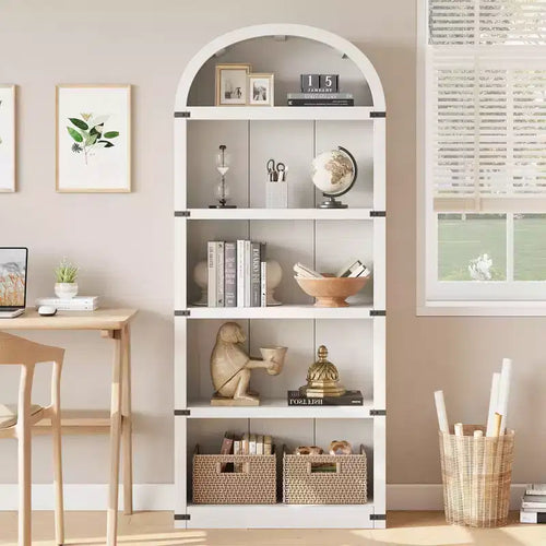 5-Tier White Arched Bookshelf, 72 Tall Arched Bookcase, Floor Standing Open Display Shelving Unit for Living Room, Bedroom, Home Office