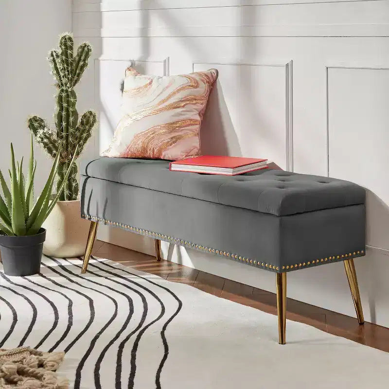 Hippolytus Storage Bench with Nailhead Trim and Button-tufted for Bedroom| ART OF LIVING DESIGNS-BLACK