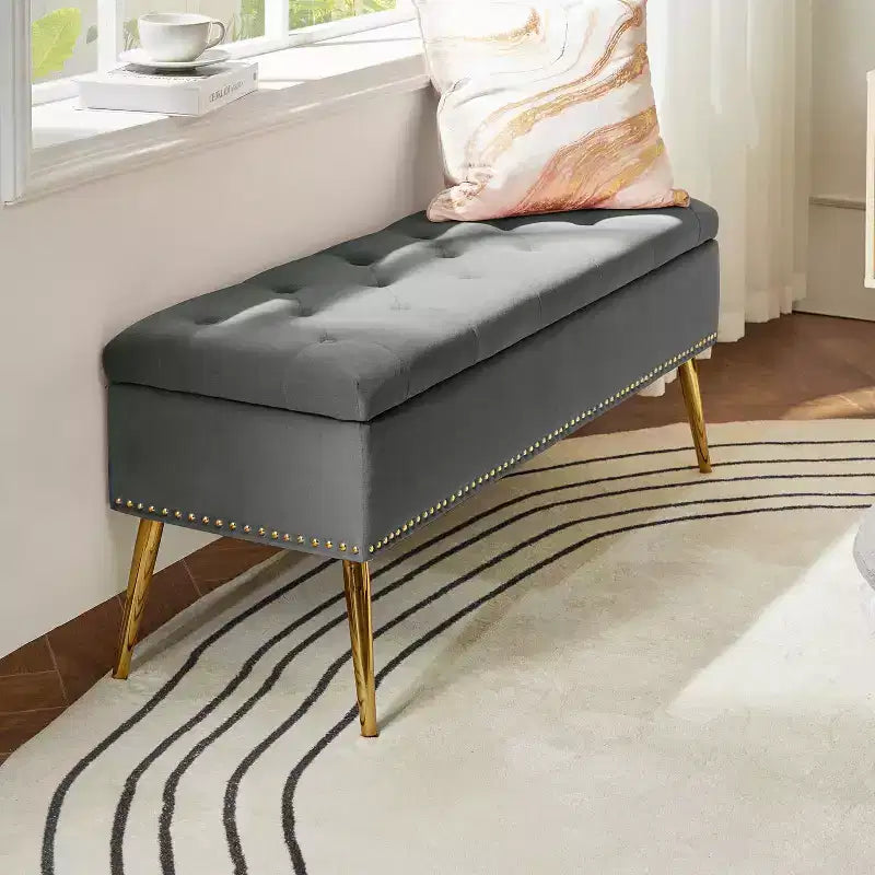 Hippolytus Storage Bench with Nailhead Trim and Button-tufted for Bedroom| ART OF LIVING DESIGNS-BLACK