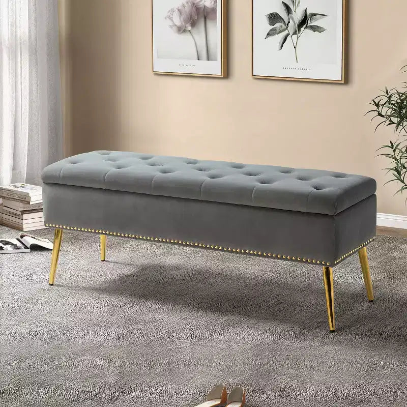 Hippolytus Storage Bench with Nailhead Trim and Button-tufted for Bedroom| ART OF LIVING DESIGNS-BLACK