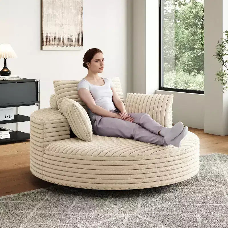 55 inch Beige Corduroy Foam Single Swivel Chair for Living Room and Bedroom