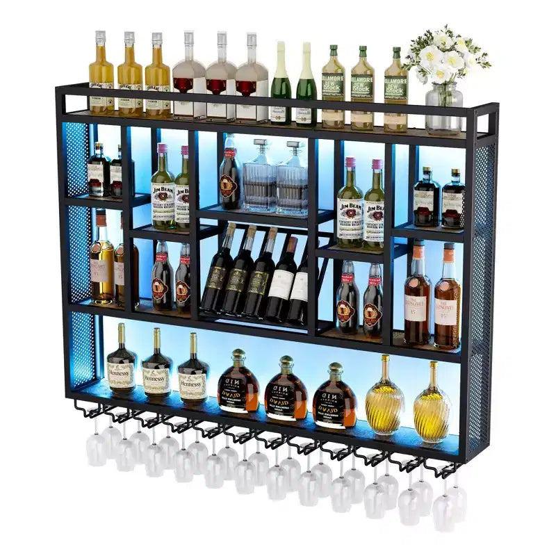 Bekrvio 4-Tier Wall Mounted Wine Rack with LED Lights, 59 inch Industrial Metal Floating Shelves for Kitchen, Bar, Dining Room & Wine Cellar