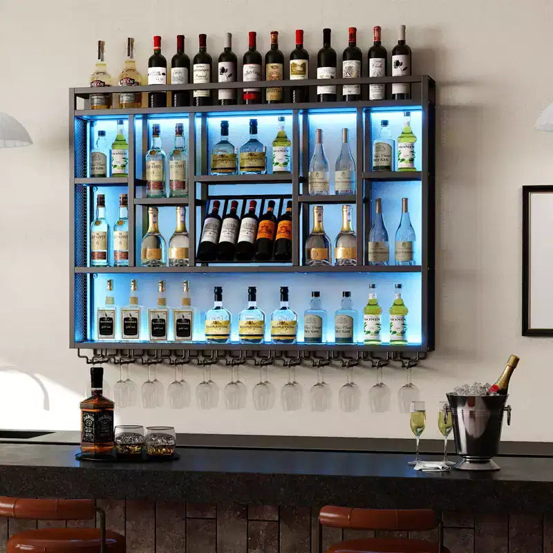 Bekrvio 4-Tier Wall Mounted Wine Rack with LED Lights, 59 inch Industrial Metal Floating Shelves for Kitchen, Bar, Dining Room & Wine Cellar