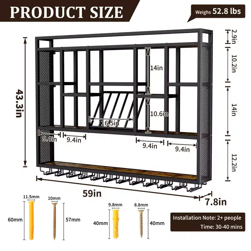 Bekrvio 4-Tier Wall Mounted Wine Rack with LED Lights, 59 inch Industrial Metal Floating Shelves for Kitchen, Bar, Dining Room & Wine Cellar