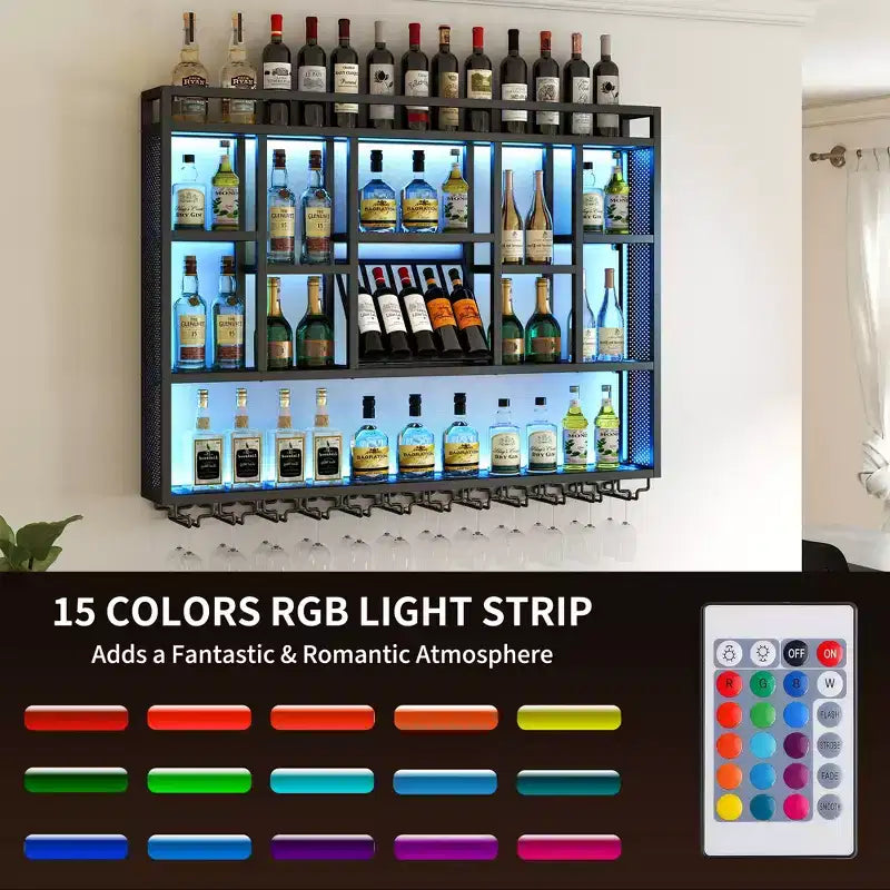 Bekrvio 4-Tier Wall Mounted Wine Rack with LED Lights, 59 inch Industrial Metal Floating Shelves for Kitchen, Bar, Dining Room & Wine Cellar
