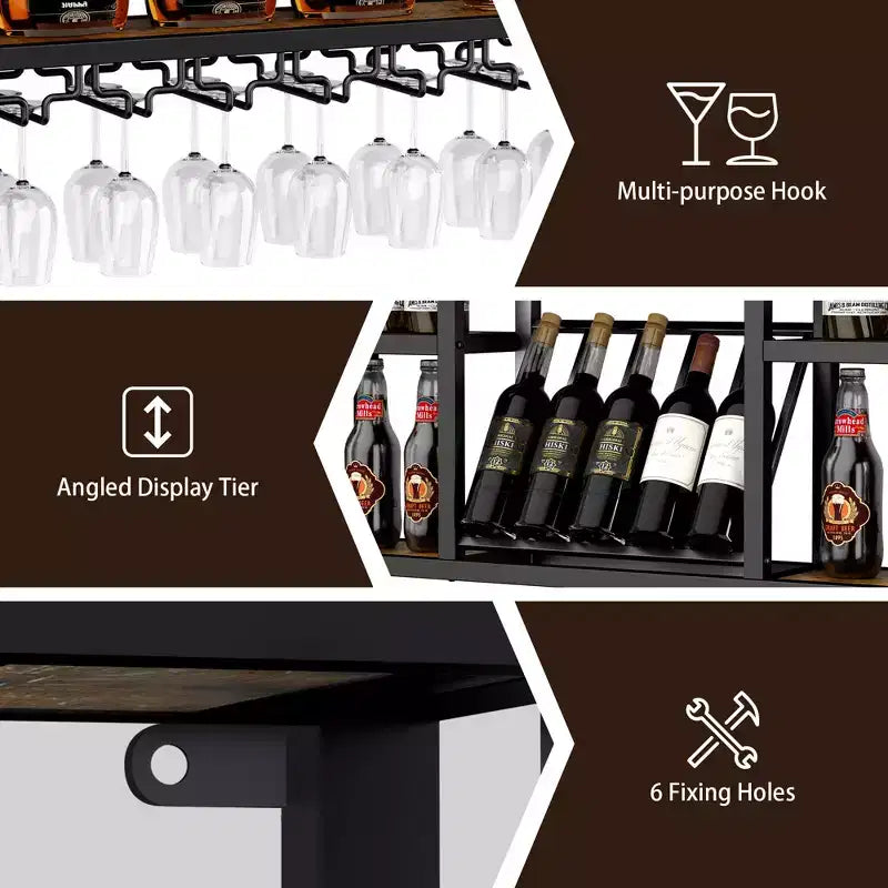 Bekrvio 4-Tier Wall Mounted Wine Rack with LED Lights, 59 inch Industrial Metal Floating Shelves for Kitchen, Bar, Dining Room & Wine Cellar