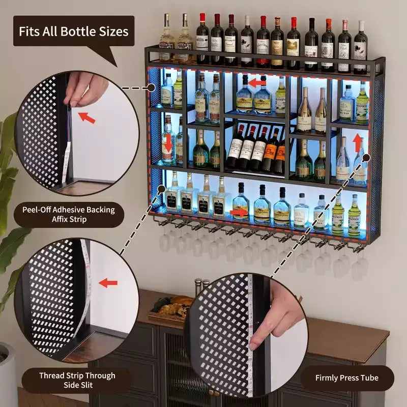 Bekrvio 4-Tier Wall Mounted Wine Rack with LED Lights, 59 inch Industrial Metal Floating Shelves for Kitchen, Bar, Dining Room & Wine Cellar
