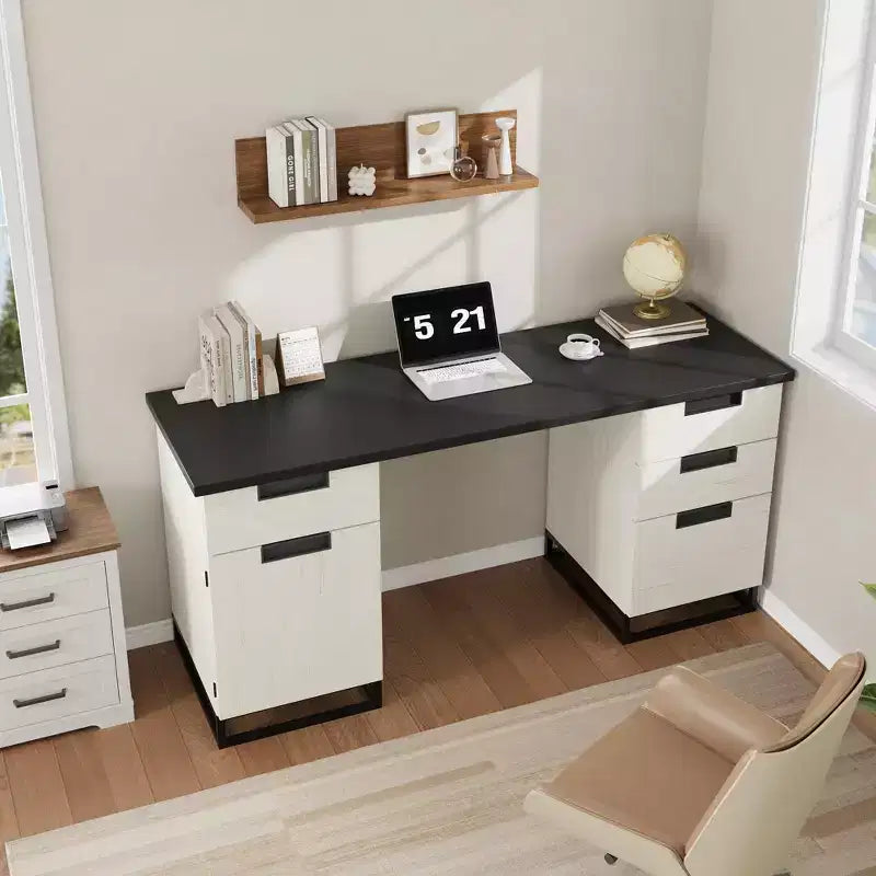 Antique White Farmhouse Office Desk (59) with Embossed Top4 Drawers & Storage Cabinet, Wooden Teacher Desk for Home Office,Bedroom, or Study