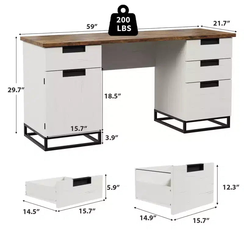 Antique White Farmhouse Office Desk (59) with Embossed Top4 Drawers & Storage Cabinet, Wooden Teacher Desk for Home Office,Bedroom, or Study