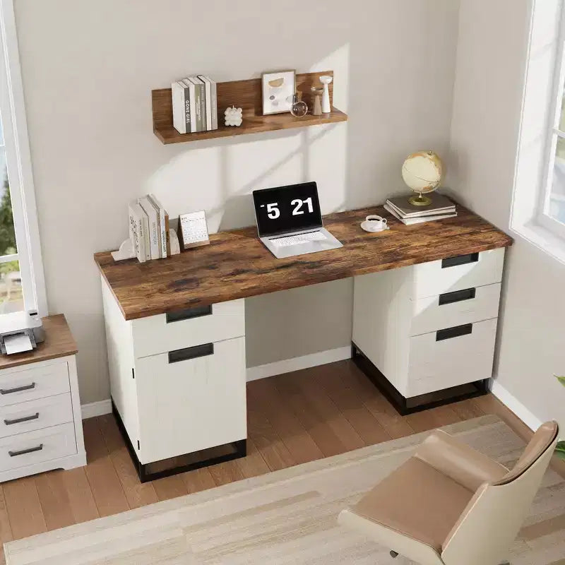 Antique White Farmhouse Office Desk (59) with Embossed Top4 Drawers & Storage Cabinet, Wooden Teacher Desk for Home Office,Bedroom, or Study