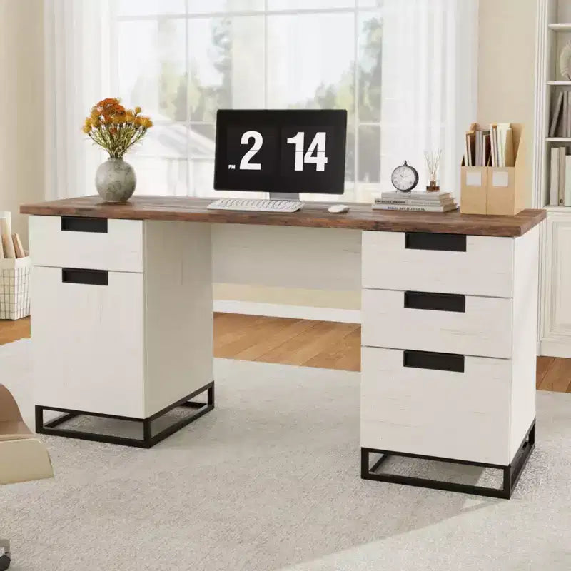 Antique White Farmhouse Office Desk (59) with Embossed Top4 Drawers & Storage Cabinet, Wooden Teacher Desk for Home Office,Bedroom, or Study