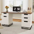 Antique White Farmhouse Office Desk (59) with Embossed Top4 Drawers & Storage Cabinet, Wooden Teacher Desk for Home Office,Bedroom, or Study