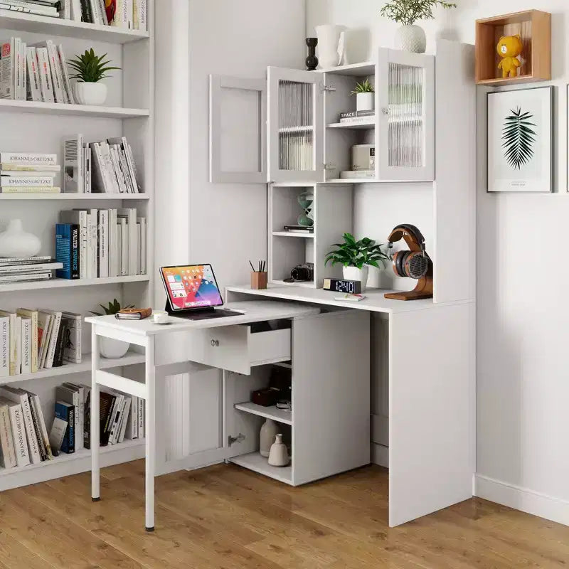 Okak 39.3IN Modern Computer Desk with Glass Doors, Folding L Shaped Table with Bookshelf and Hutch, Home Office Desks for Study, Living Room