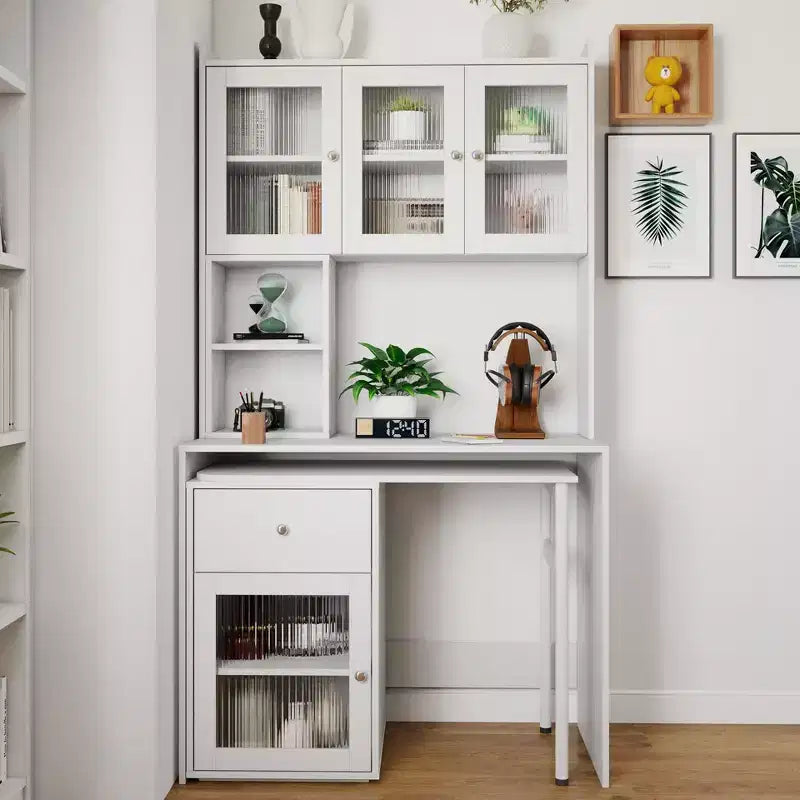 Okak 39.3IN Modern Computer Desk with Glass Doors, Folding L Shaped Table with Bookshelf and Hutch, Home Office Desks for Study, Living Room