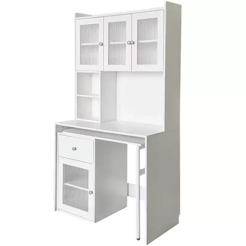 Okak 39.3IN Modern Computer Desk with Glass Doors, Folding L Shaped Table with Bookshelf and Hutch, Home Office Desks for Study, Living Room