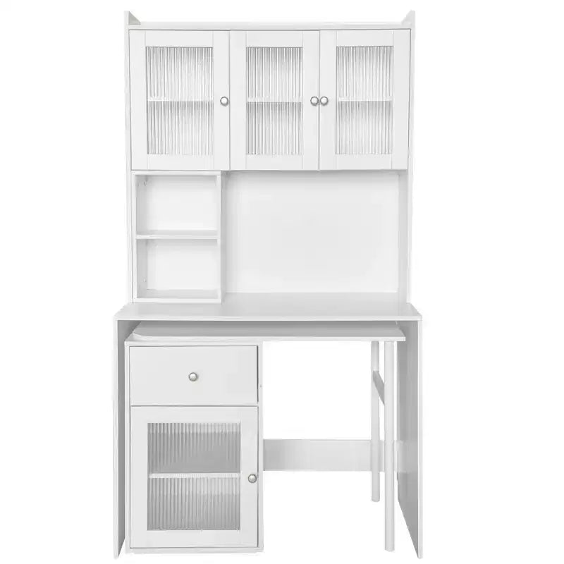Okak 39.3IN Modern Computer Desk with Glass Doors, Folding L Shaped Table with Bookshelf and Hutch, Home Office Desks for Study, Living Room